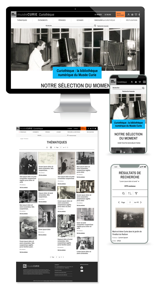 Interface Curiothèque - graphisme thème Omeka S pour les archives du Musée Curie