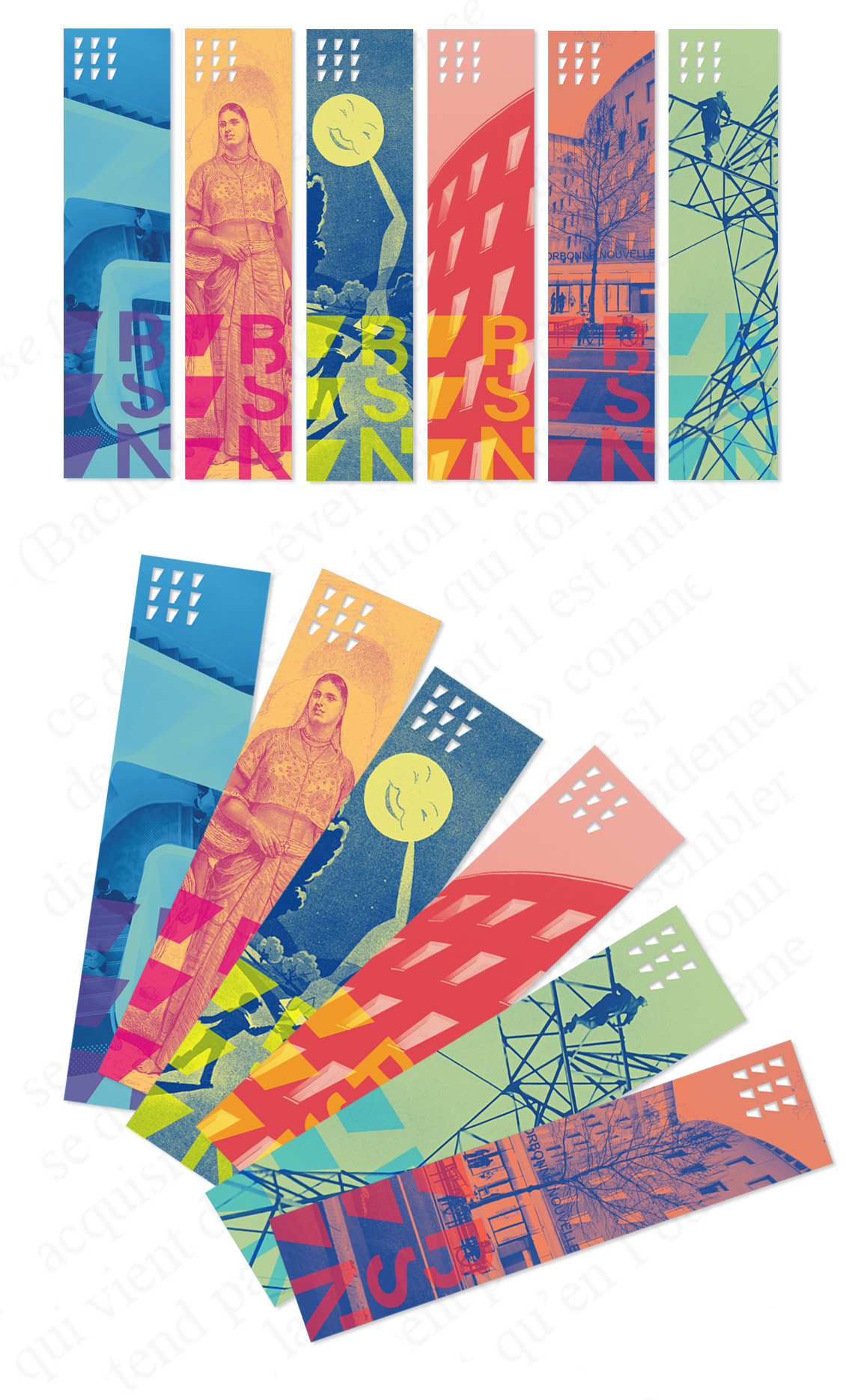 Série de marque-pages graphisme print Bibliothèque Sorbonne Nouvelle - design éditorial